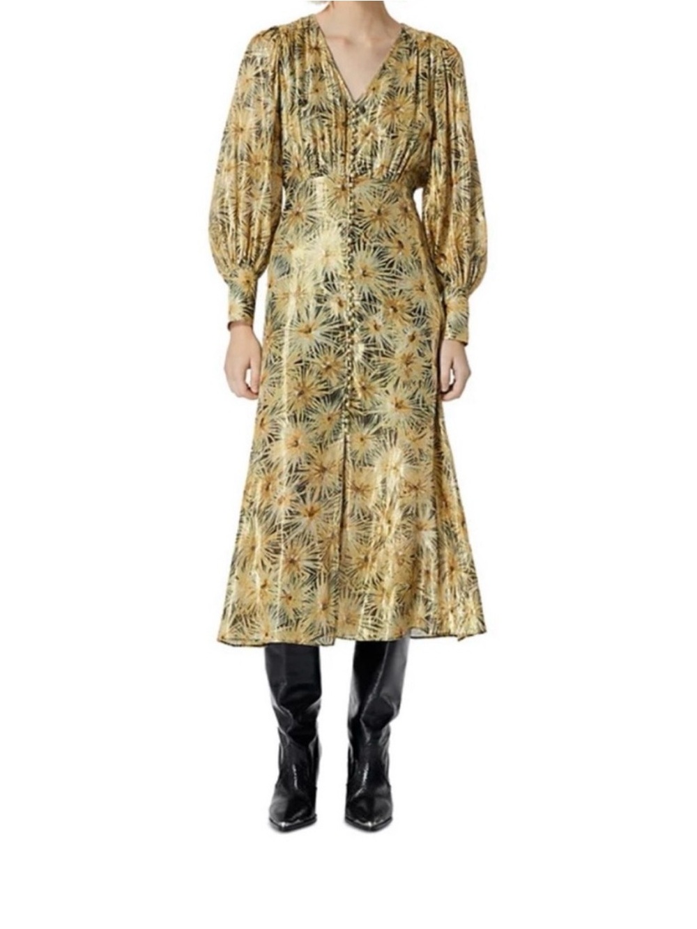 The Kooples Mustard and Olive Floral V‑Neck Midi Dress